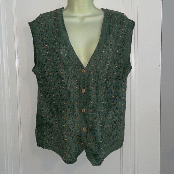 Vtg 80s/90s Cambridge Dry Goods Company sage green wooden beaded sweater vest - Picture 1 of 8